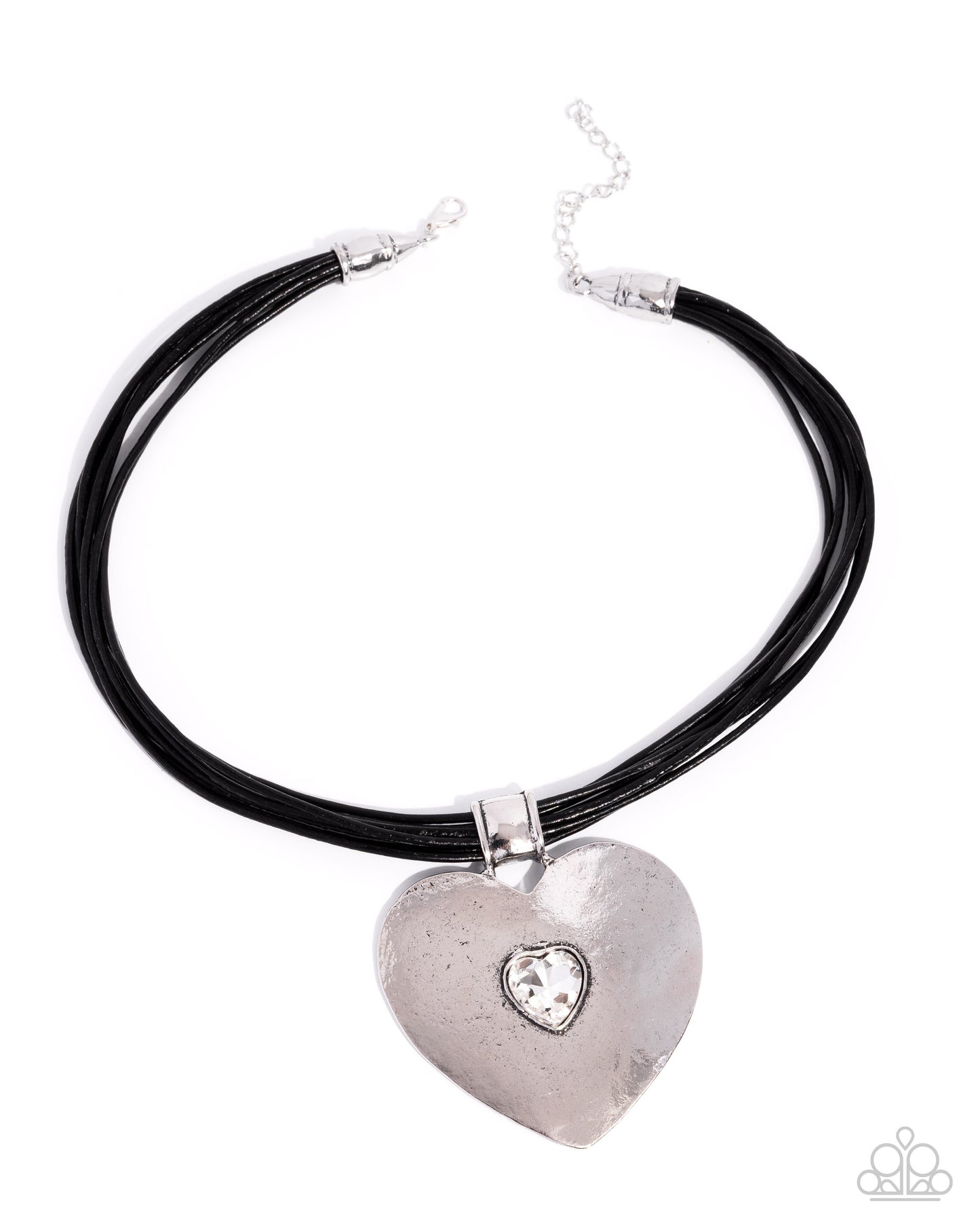 Paparazzi Galentines Day - Black Cording, White Gem & Silver Oversized Heart Necklace