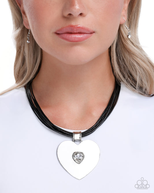 Paparazzi Galentines Day - Black Cording, White Gem & Silver Oversized Heart Necklace