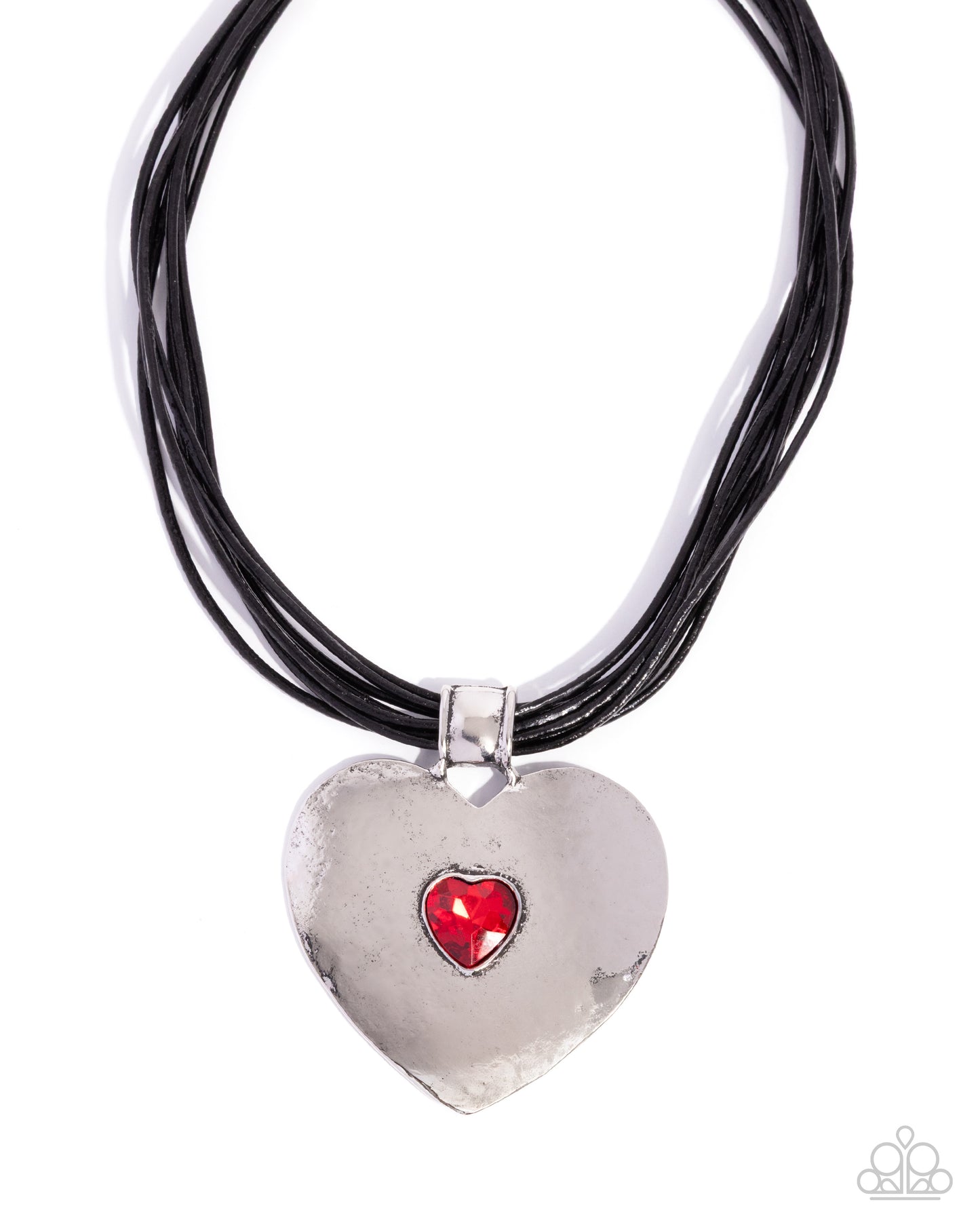 Paparazzi Galentines Day - Red Heart Gem Silver Heart Black Corded Necklace N1919