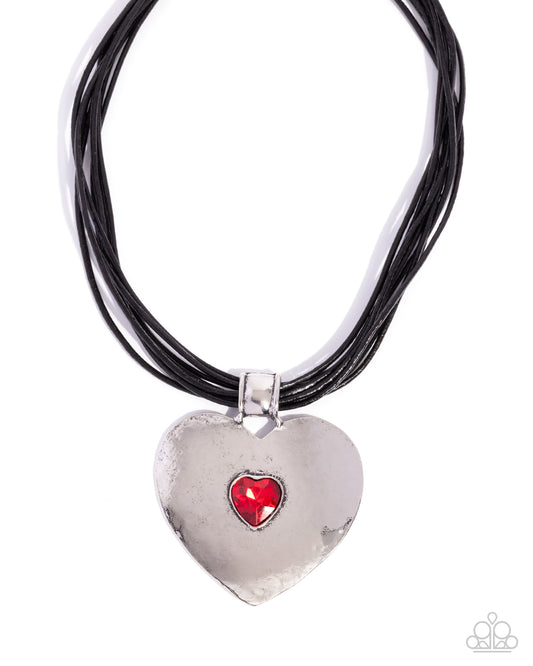 Paparazzi Galentines Day - Red Heart Gem Silver Heart Black Corded Necklace N1919