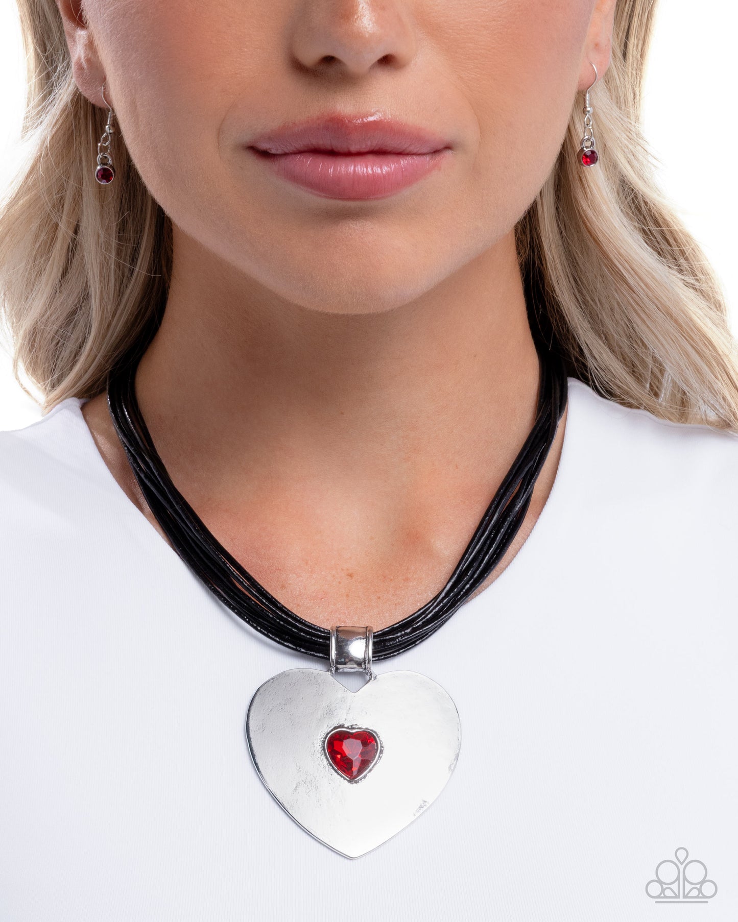 Paparazzi Galentines Day - Red Heart Gem Silver Heart Black Corded Necklace N1919