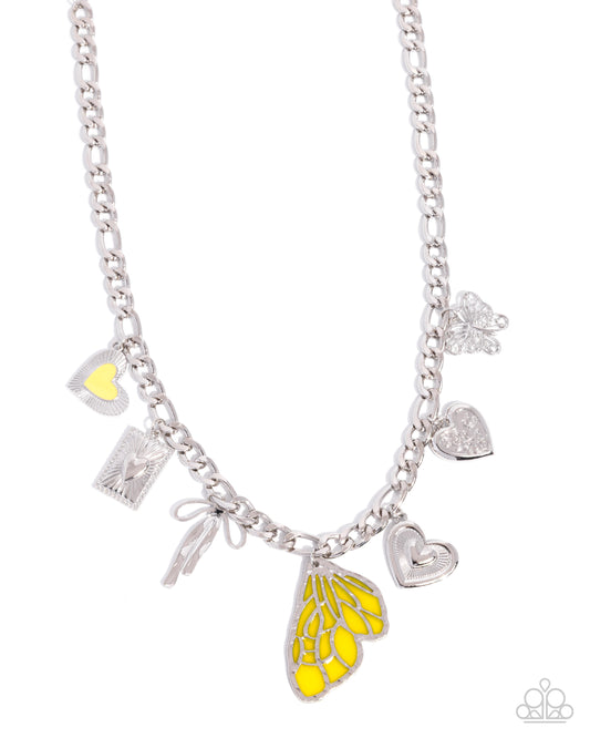Paparazzi Feminine Finish - Yellow Primrose Painted Accents, Heart, Butterfly Wing, Silver Heart Charm Style Necklace