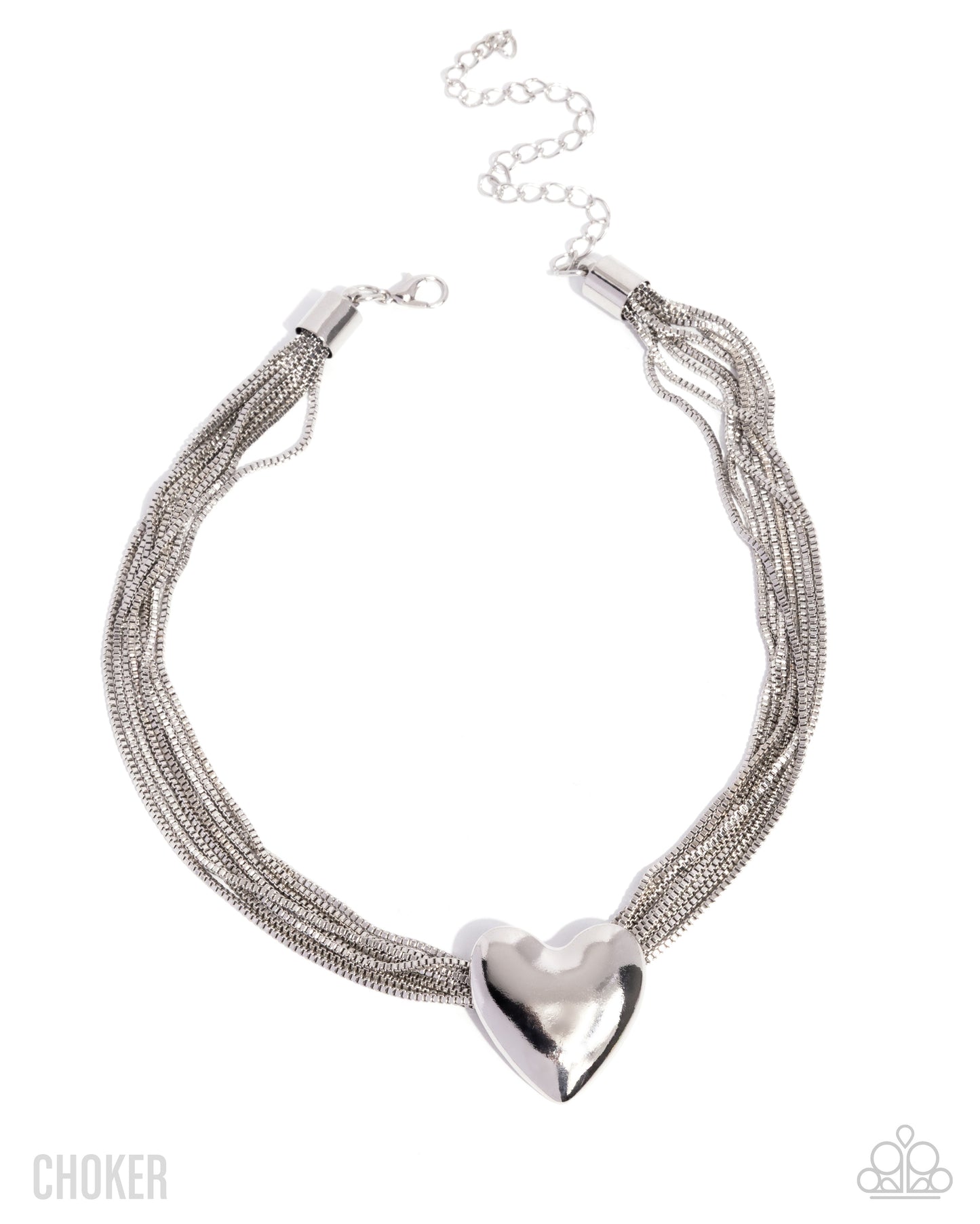 Paparazzi Gathered Galentine - Silver Heart Strands Of Box Chains Choker Necklace