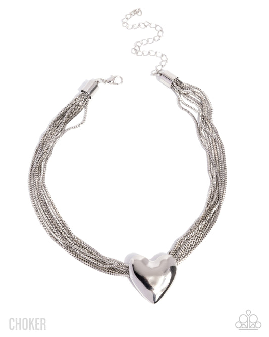 Paparazzi Gathered Galentine - Silver Heart Strands Of Box Chains Choker Necklace