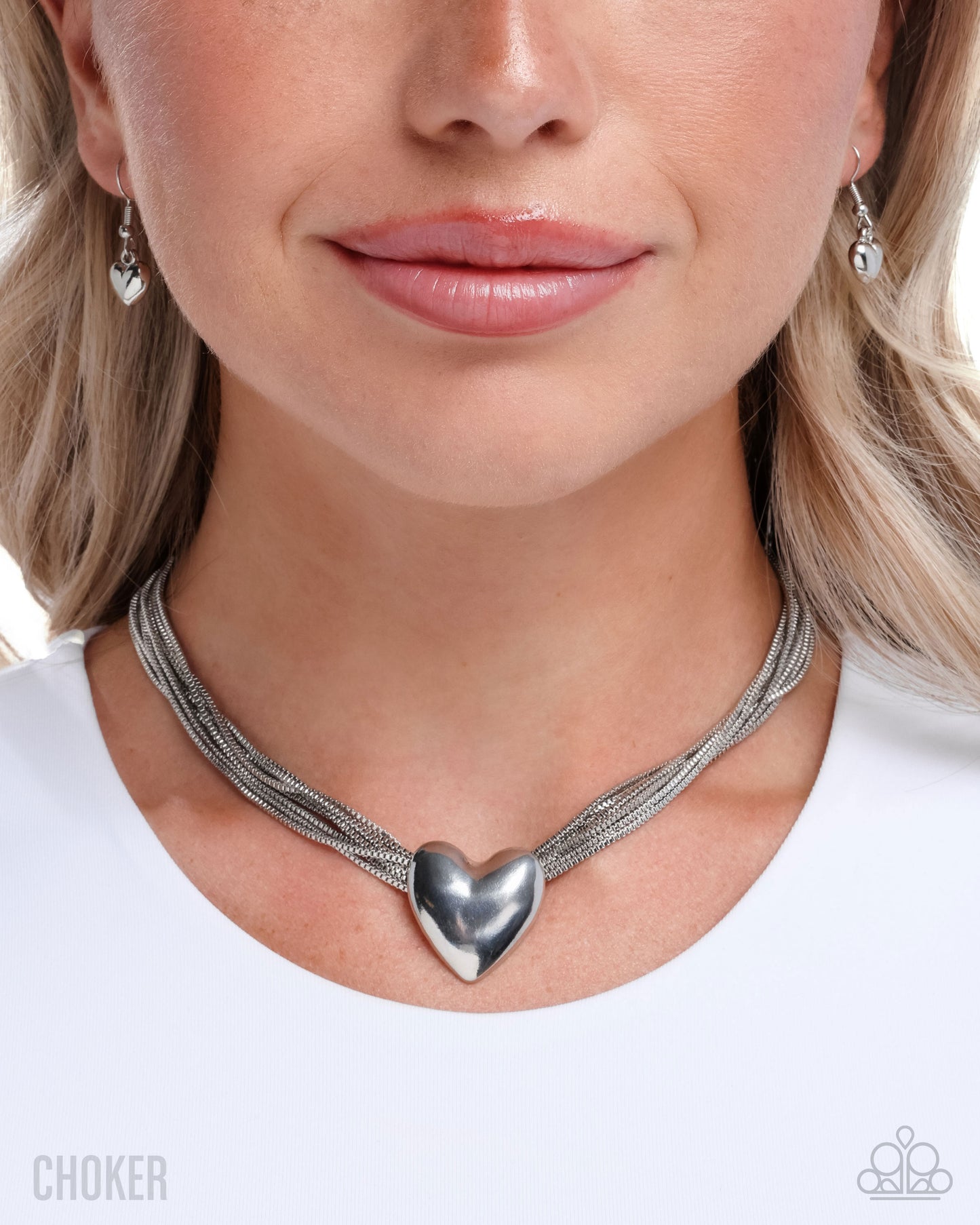 Paparazzi Gathered Galentine - Silver Heart Strands Of Box Chains Choker Necklace