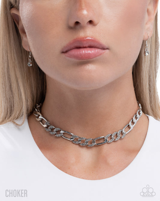 Paparazzi Daring Delight - Silver Curb Chain & White Rhinestone Choker Necklace N3981