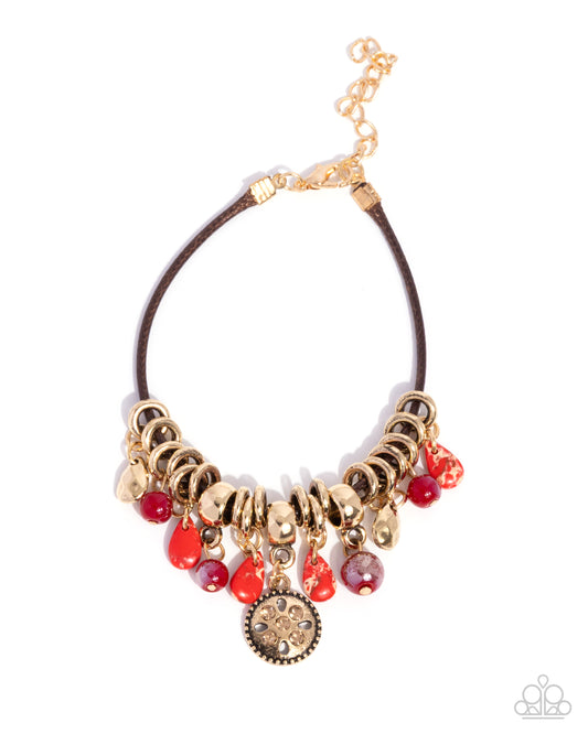 Tremolo Tapestry - Red Teardrop, Deep Red Bead & Smoked Topaz Rhinestone Gold Bracelet Paparazzi