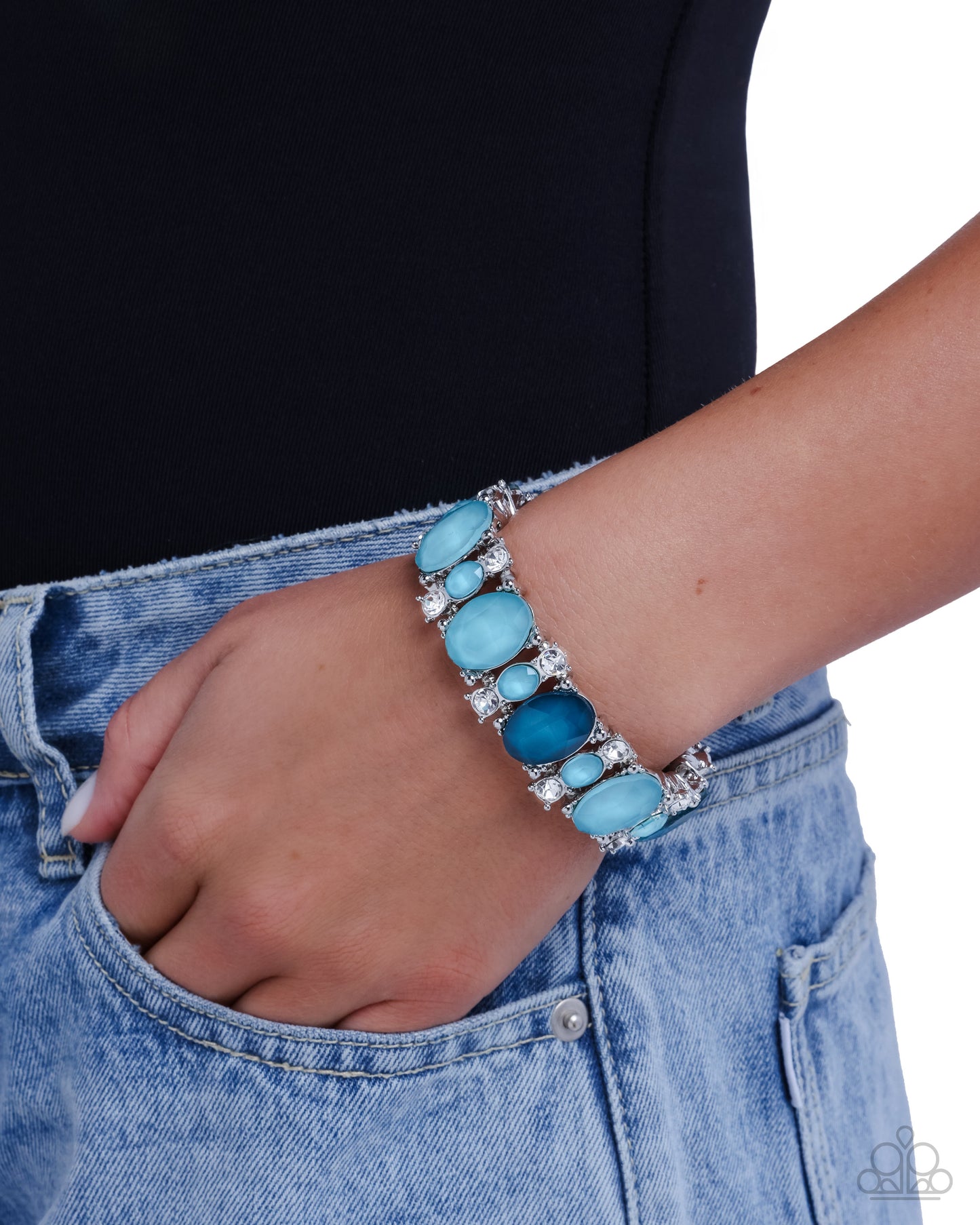 Paparazzi Moderate Moment - Blue - Peacock Blue, Milky Light Blue & White Rhinestone Stretch Bracelet B2519