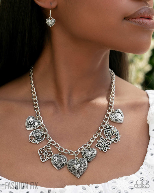 Vintage Showdown - Silver Heart Charm Necklace Glimpses Of Malibu August 2025 Fashion Fix Paparazzi N3634