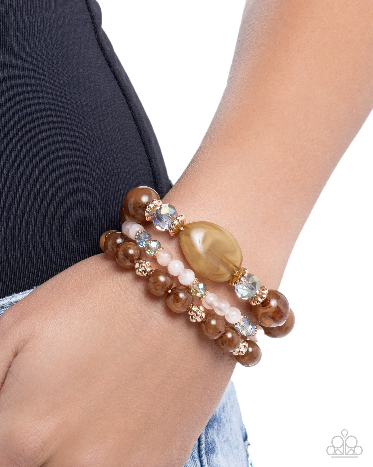 Cheerful Collection - Brown Variegated, UV Shimmery Beads & Gold Accent Set Of 3 Stretch Bracelets Paparazzi B2451