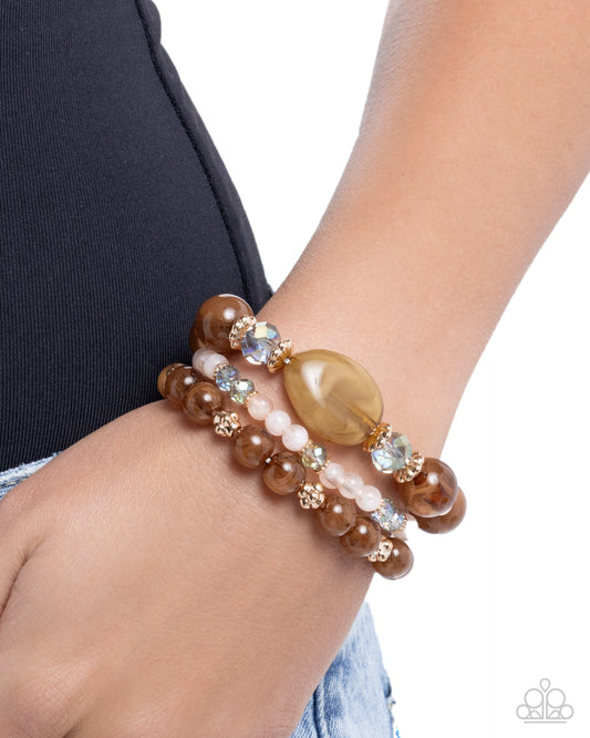 Cheerful Collection - Brown Variegated, UV Shimmery Beads & Gold Accent Set Of 3 Stretch Bracelets Paparazzi B2451
