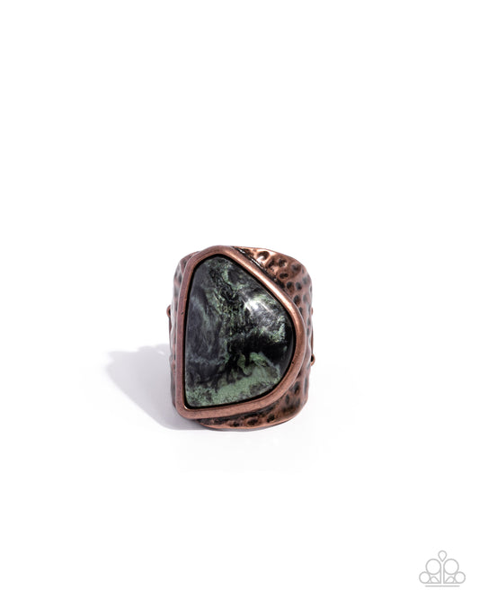 Abstract Accent - Copper Hammered Detail & Asymmetrical Stone Ring Paparazzi R1202