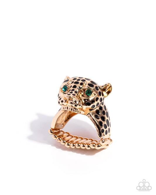 Paparazzi Leopard Limit - Gold, Green Emerald Rhinestone Eyes & Black Spotted Leopard Ring