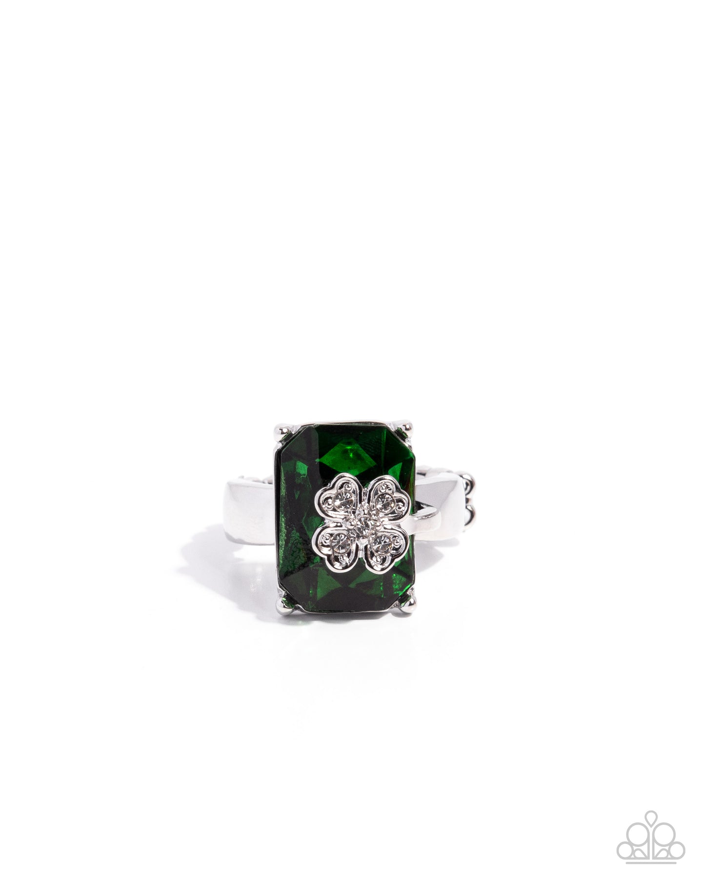 Paparazzi St. Patrick's Shimmer - Green Emerald Gem & Silver Four Leaf Clover St Patrick's Day Ring R1361