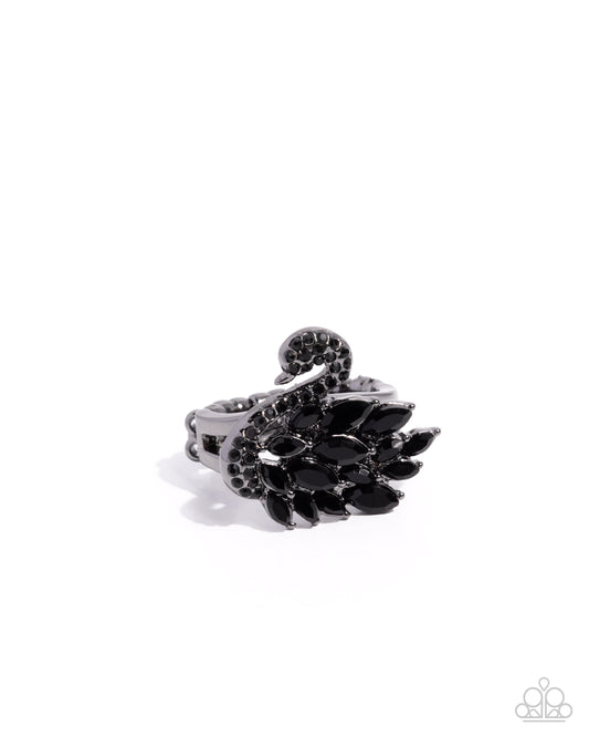 Sensational Swan - Black Rhinestone Marquise Gem Gunmetal Swan Ring Paparazzi