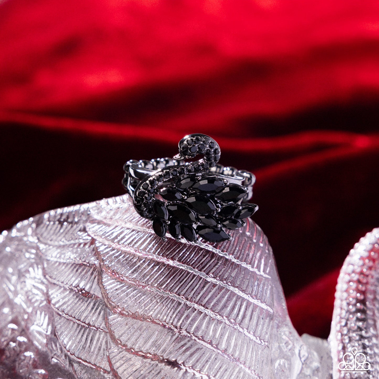Sensational Swan - Black Rhinestone Marquise Gem Gunmetal Swan Ring Paparazzi