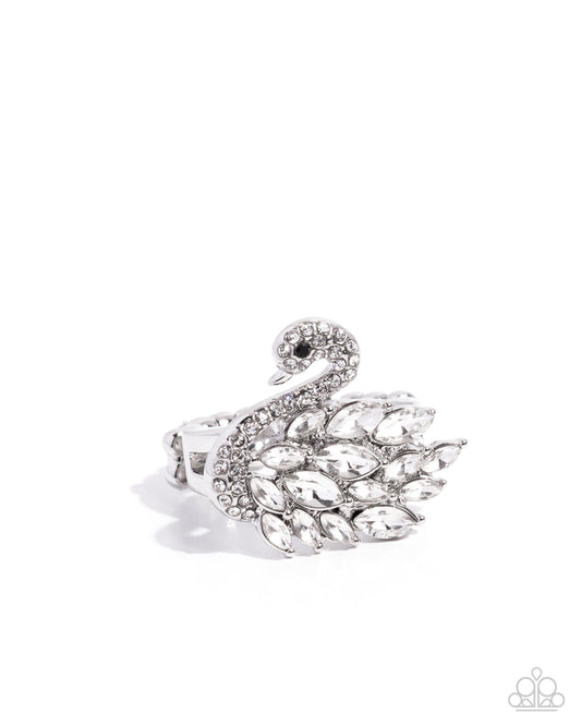 Sensational Swan - White Rhinestone & Gem Silver Swan Ring Paparazzi R1170