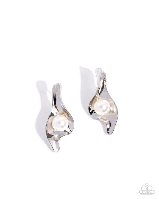 Paparazzi Adorably Audacious - White Pearl Silver High Sheen Calla Lily Petal Post Earring E3284