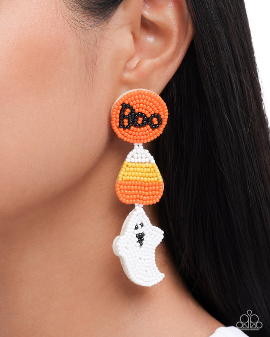 SPOOK-taculer Sashay - Multicolored Orange, Black, Yellow, White Seed Bead Halloween Style Post Earring Paparazzi E3122