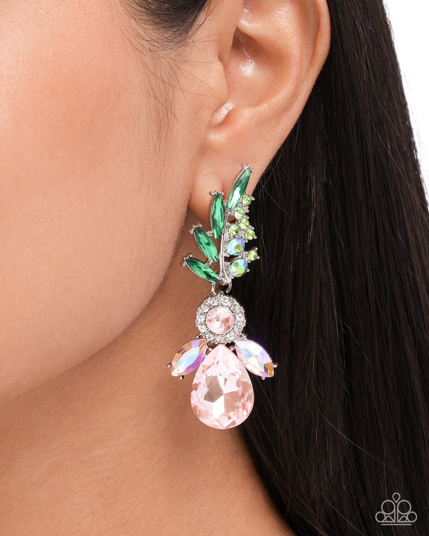 Paparazzi Priceless Pizzazz - Pink Gem, White Rhinestone Floral Earring E3285