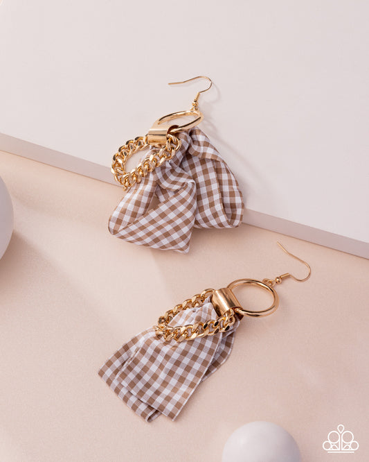Picnic Pizzazz - Brown Gingham Ribbon Gold Hoop Earring Paparazzi 2025 Convention Exclusive E3059