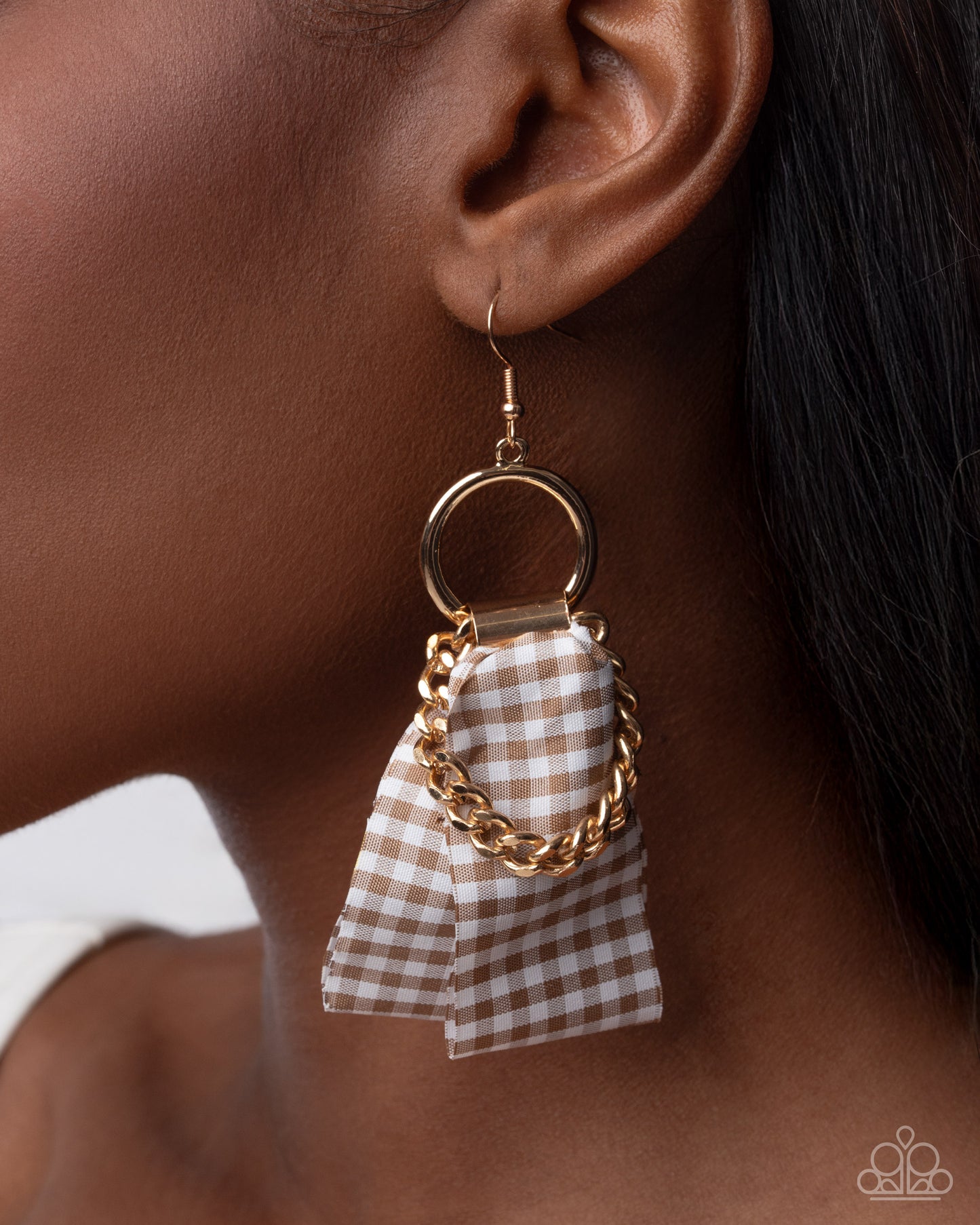 Picnic Pizzazz - Brown Gingham Ribbon Gold Hoop Earring Paparazzi 2025 Convention Exclusive E3059