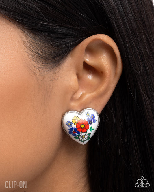 Painted Potential - Multicolored Painted Floral White Heart Clip-On Earring Paparazzi E3021