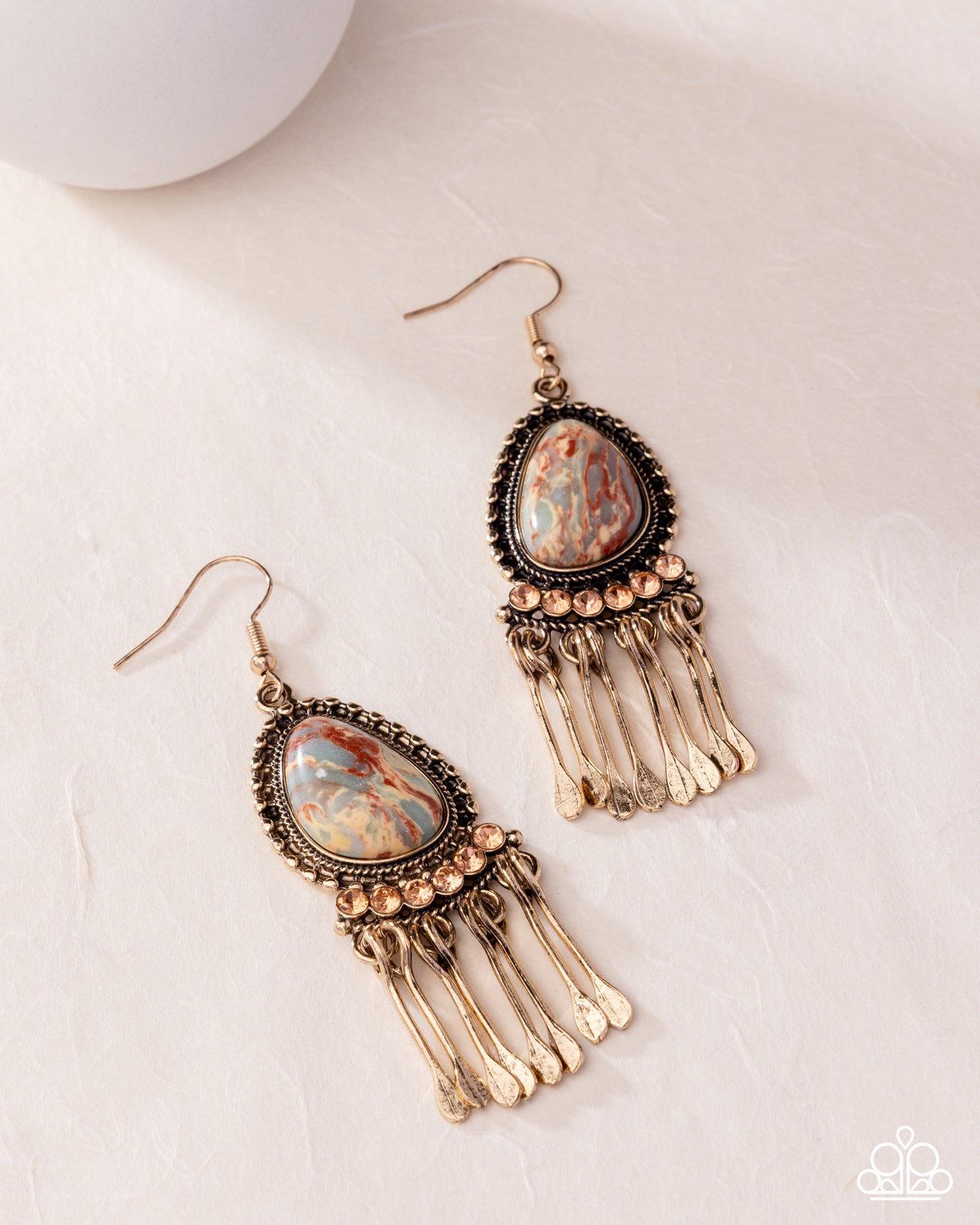 Swirled Sashay - Multi Chili Oil Swirled Stone Gold Fringe Earring 2025 Convention Exclusive Paparazzi E3061