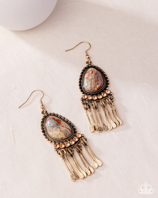 Swirled Sashay - Multi Chili Oil Swirled Stone Gold Fringe Earring 2025 Convention Exclusive Paparazzi E3061