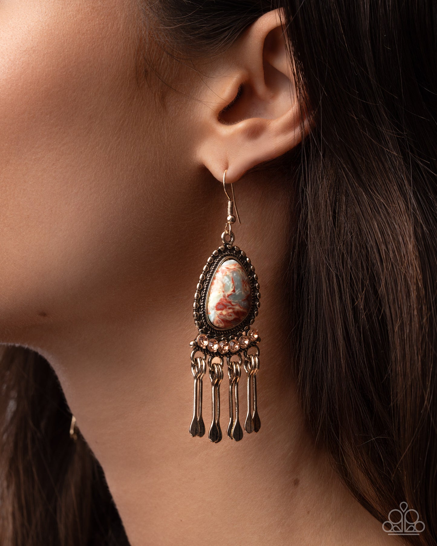 Swirled Sashay - Multi Chili Oil Swirled Stone Gold Fringe Earring 2025 Convention Exclusive Paparazzi E3061