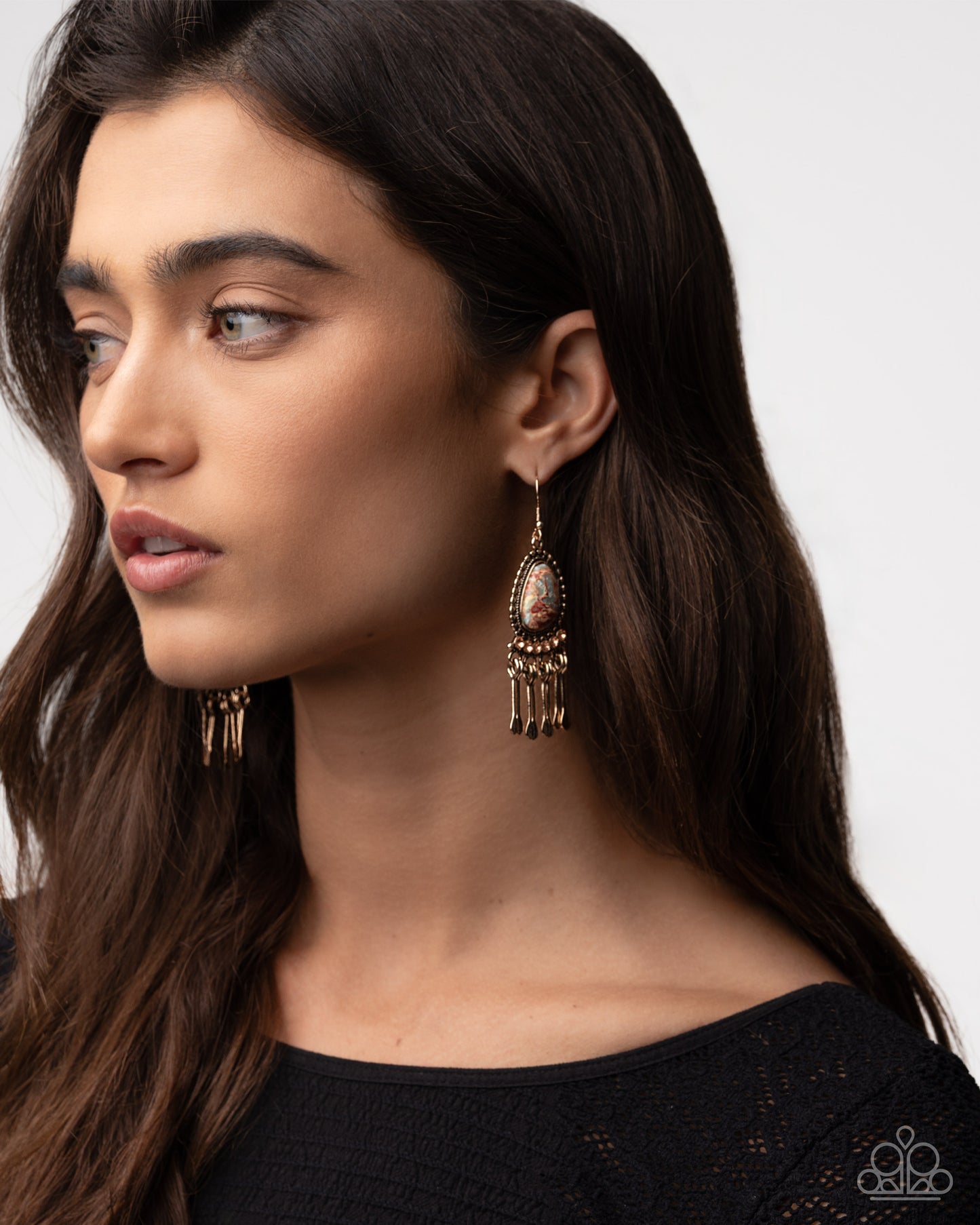 Swirled Sashay - Multi Chili Oil Swirled Stone Gold Fringe Earring 2025 Convention Exclusive Paparazzi E3061