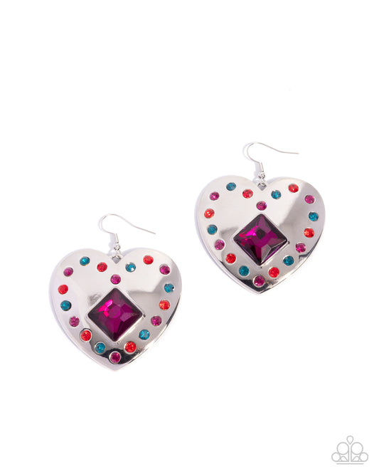 Lovely Lights - Pink Fuchsia, Blue Zircon & Red Rhinestone Silver Heart Earring Paparazzi