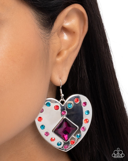 Lovely Lights - Pink Fuchsia, Blue Zircon & Red Rhinestone Silver Heart Earring Paparazzi