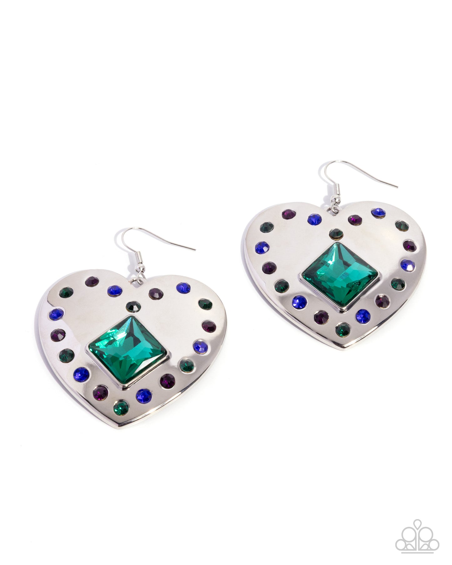 Lovely Lights - Green Emerald, Amethyst & Sapphire Rhinestone Silver Heart Earring Paparazzi E3064