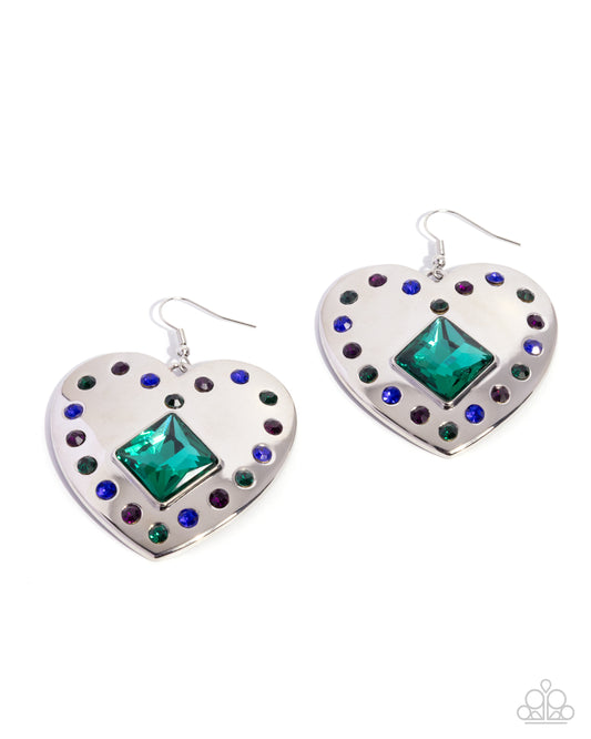 Lovely Lights - Green Emerald, Amethyst & Sapphire Rhinestone Silver Heart Earring Paparazzi