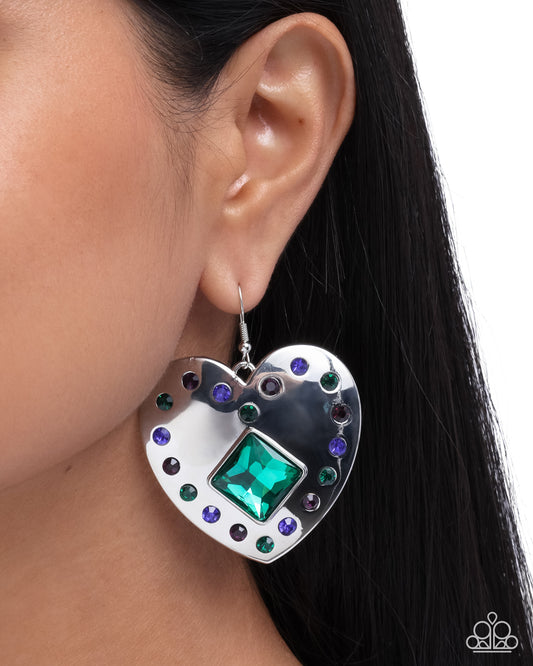 Lovely Lights - Green Emerald, Amethyst & Sapphire Rhinestone Silver Heart Earring Paparazzi