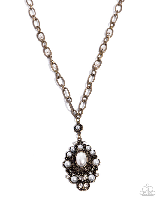 Paparazzi Vintage Selfie - Brass & White Pearl Pendant Necklace Paparazzi