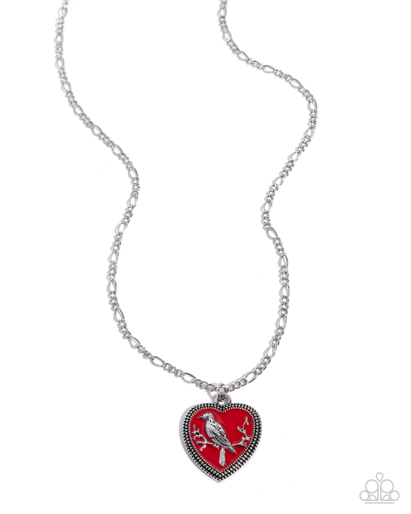 Paparazzi Songbird Sweetheart - Red Poppy Painted Silver Heart & Bird Necklace N3847