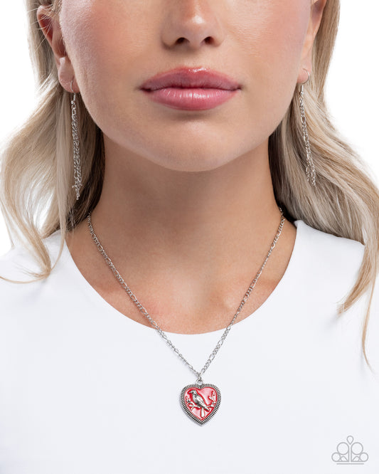 Paparazzi Songbird Sweetheart - Red Poppy Painted Silver Heart & Bird Necklace N3847