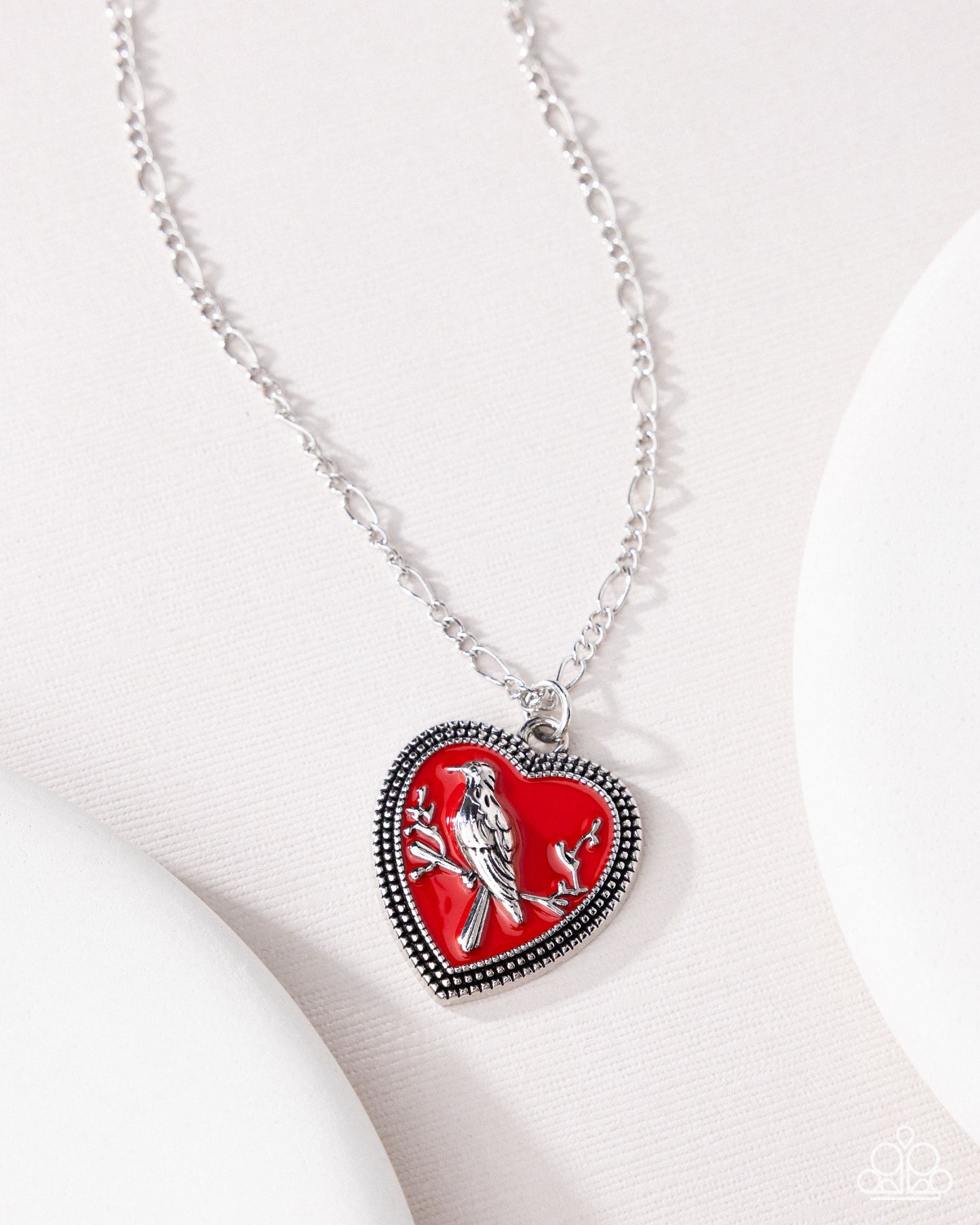 Paparazzi Songbird Sweetheart - Red Poppy Painted Silver Heart & Bird Necklace N3847
