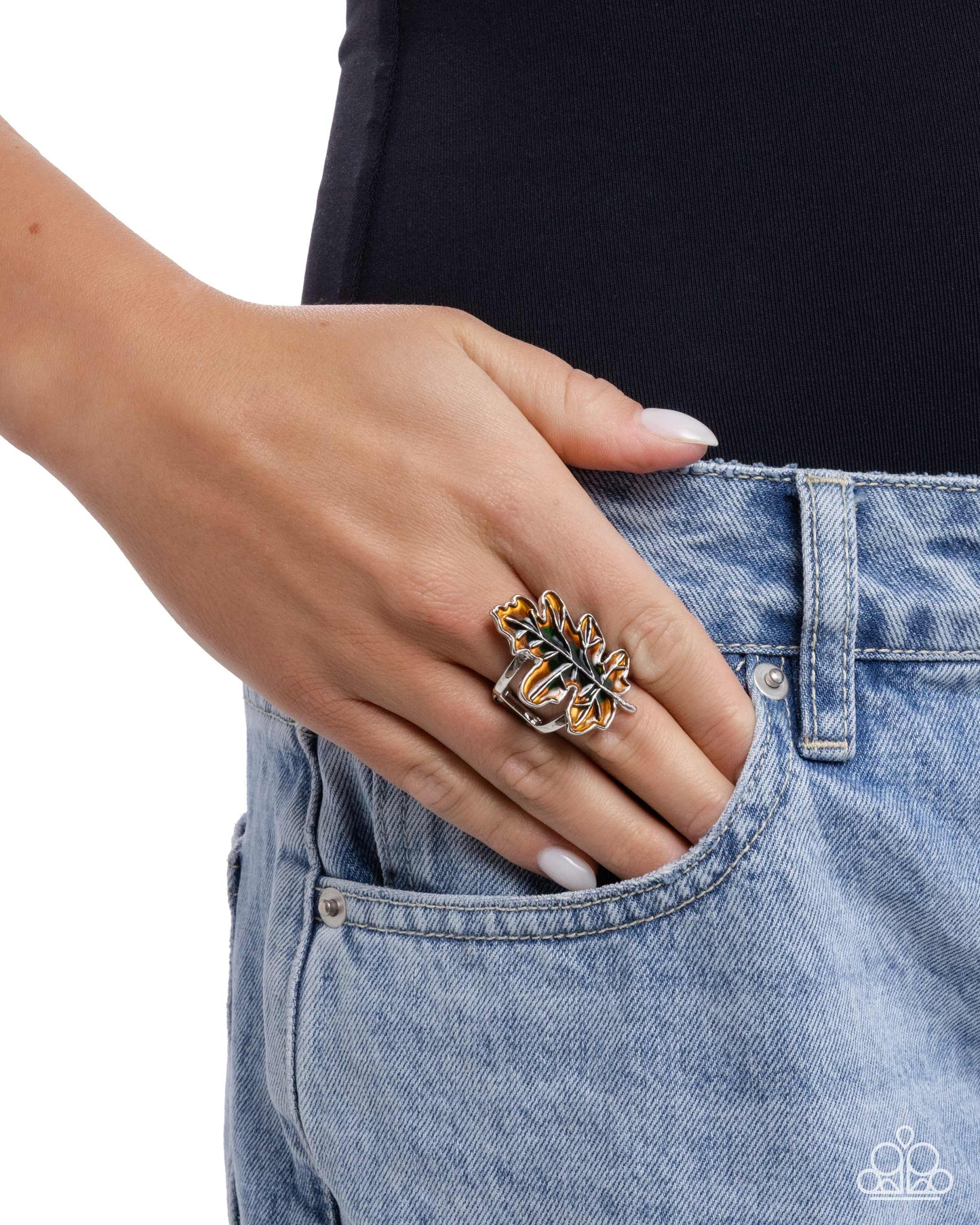Thankful Treasure - Green, Yellow-Orange, Silver Maple Leaf Ring Paparazzi