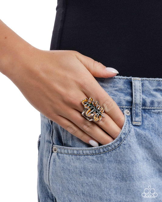 Thankful Treasure - Green, Yellow-Orange, Silver Maple Leaf Ring Paparazzi