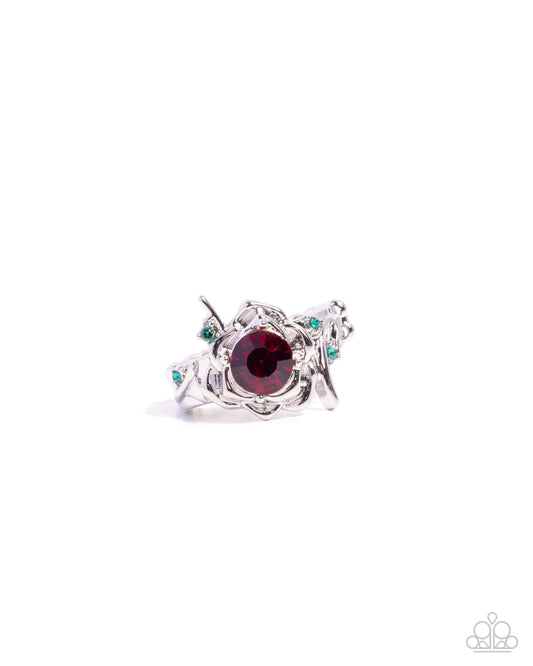 Paparazzi Refined Revival - Red Rhinestone Silver Flower Ring R1305