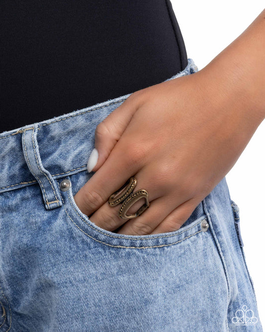 Confident Curves - Brass & Aurum Rhinestone Antiqued Ring Paparazzi R1144