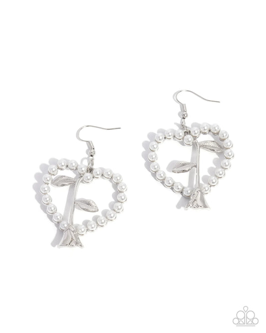 Paparazzi Feminine Fame - White Pearl Silver Heart Earrings E3135