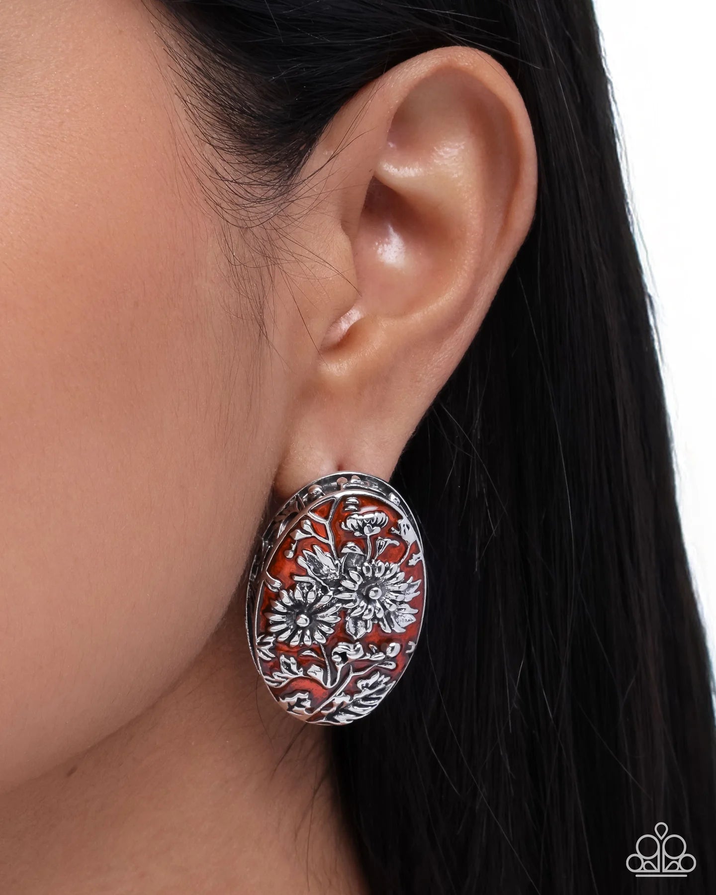 Paparazzi Portrait of Perfection - Orange Silver Floral Oval Post Earrings E3250