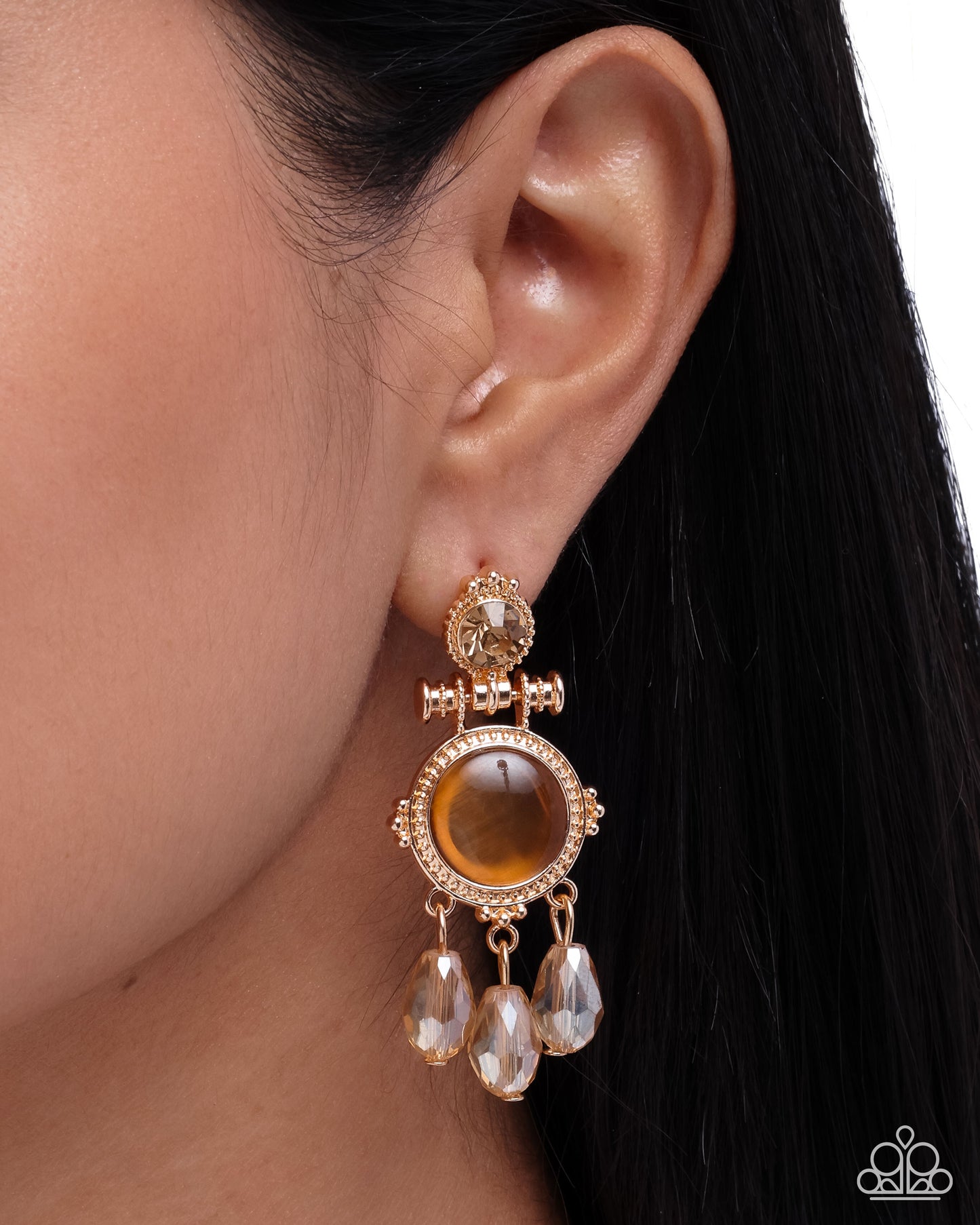 Paparazzi Easygoing Elevation - Brown - Light Topaz Rhinestone, Bronze Brown Cat's Eye Stone Gold Post Earring E3286