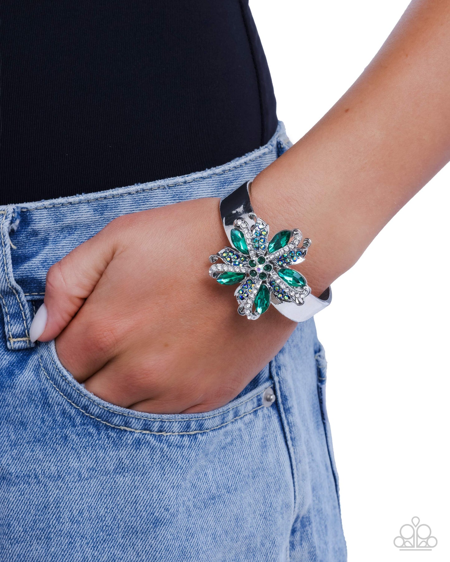 Paparazzi Encased Elite - Green Emerald Gem Flower Hinge Bracelet B2614