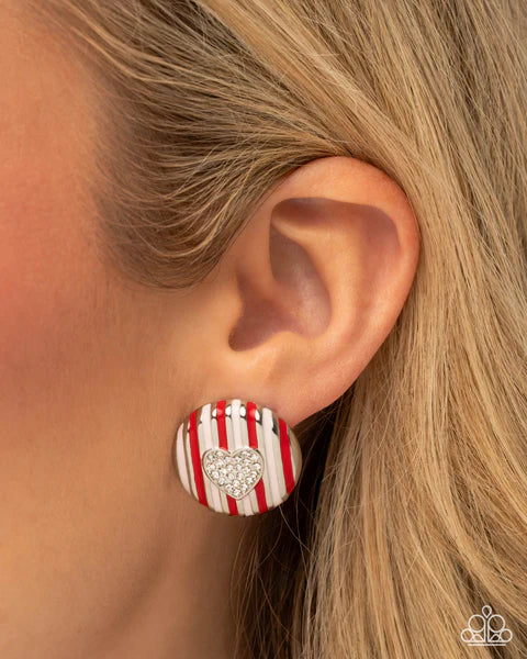 Paparazzi Smitten Stripes - Multi Red Pink White Heart Post Earrings E3294