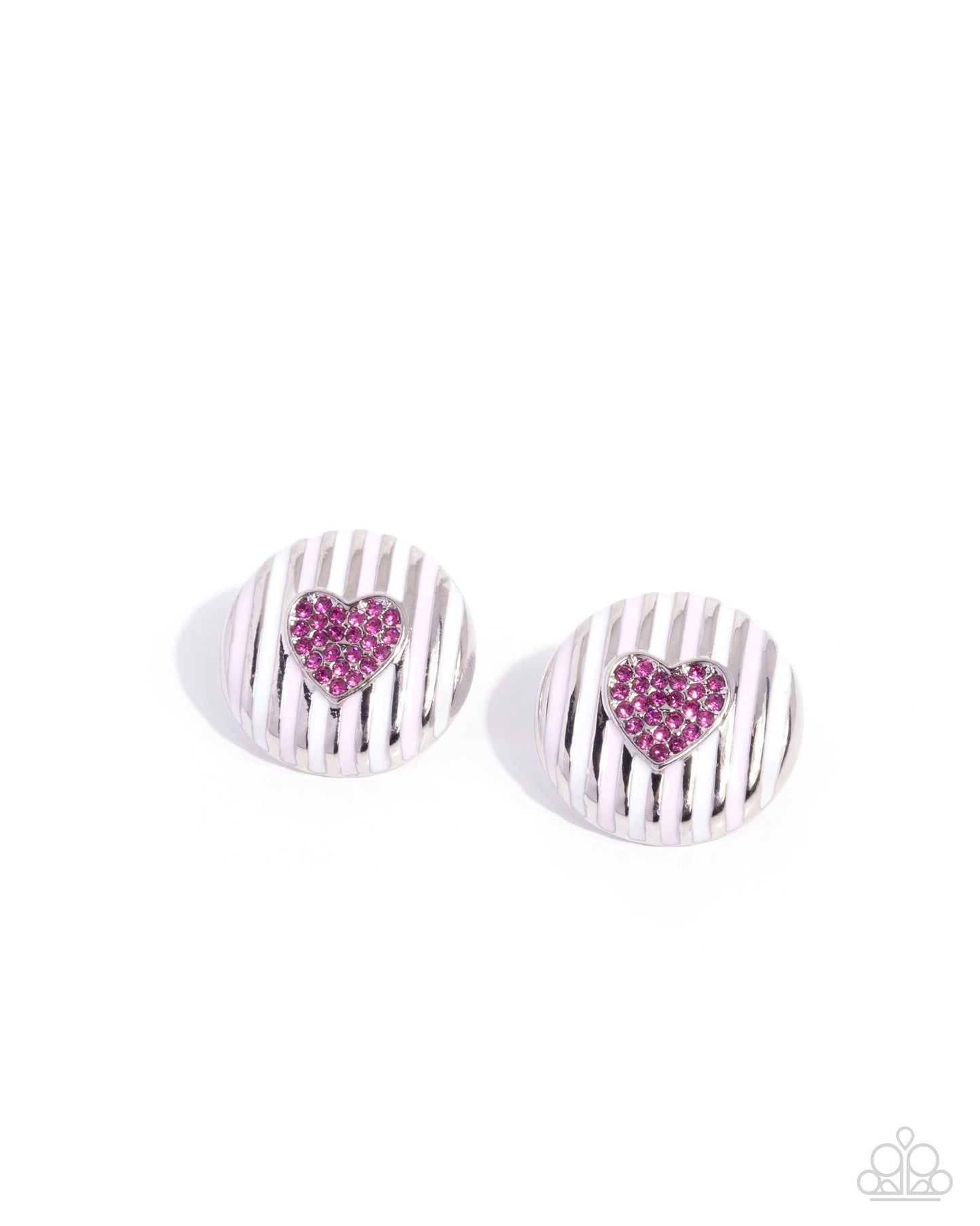 Paparazzi Smitten Stripes - Pink - Baby Pink Heart, White & Silver Striped Post Earrings E3320